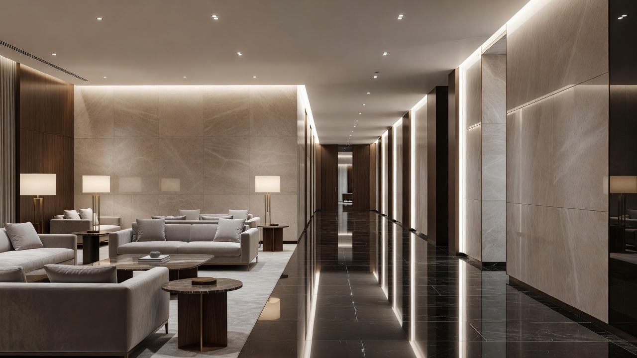 Beautifully polished lobby and corridor of a modern luxury hotel