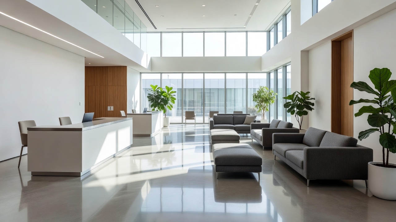 Bright and pristine modern commercial office lobby with clean floors