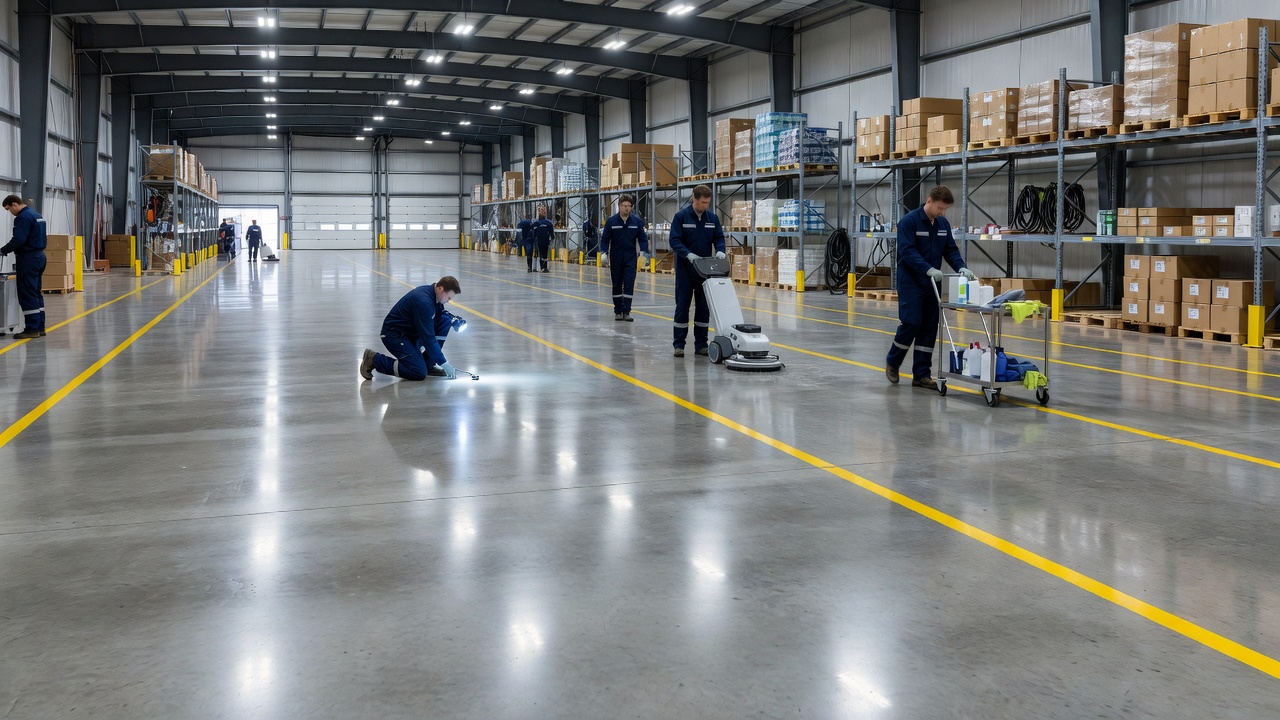 Clean warehouse floor showing professional industrial site maintenance