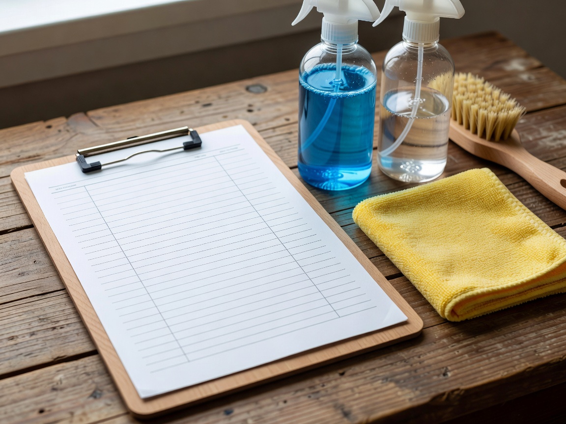 Close up of a clipboard and schedule next to cleaning supplies