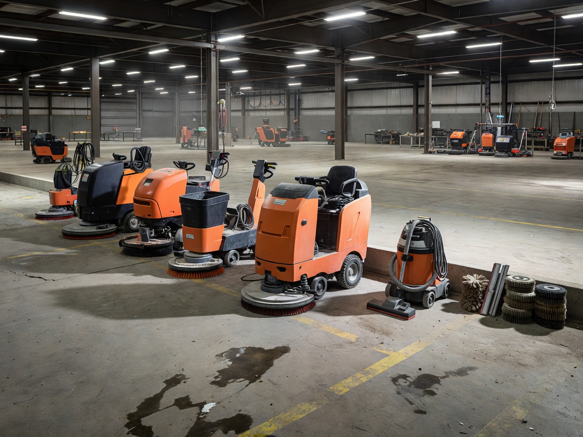 Industrial sweeping and floor care equipment in a large workshop