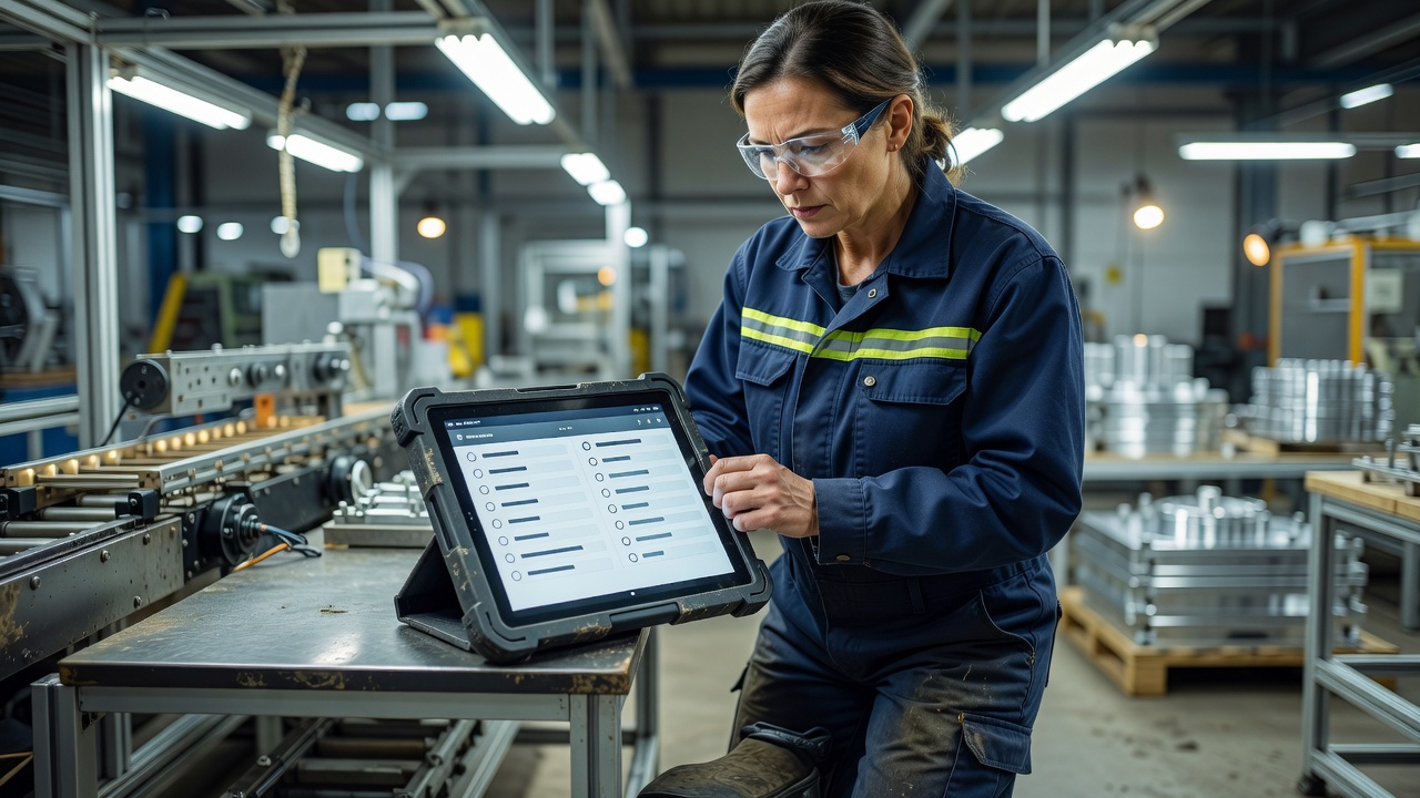 Manager reviewing digital quality control checklist on a tablet