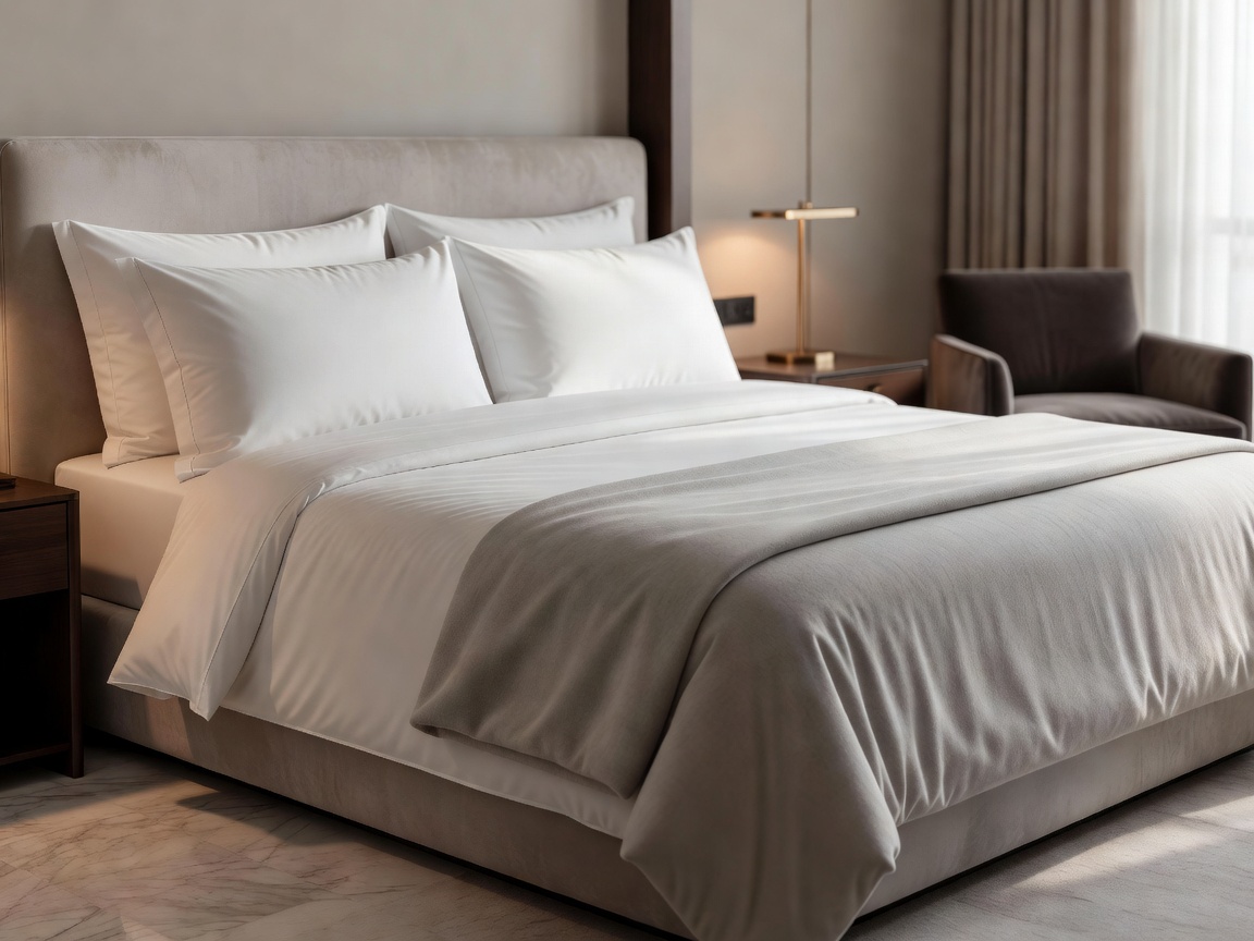 Neatly made bed in a high-end hotel room