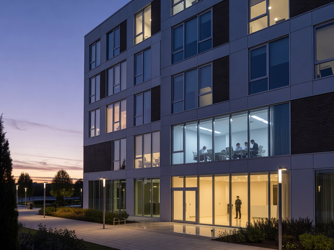 Office building exterior seen at dusk, representing after-hours care