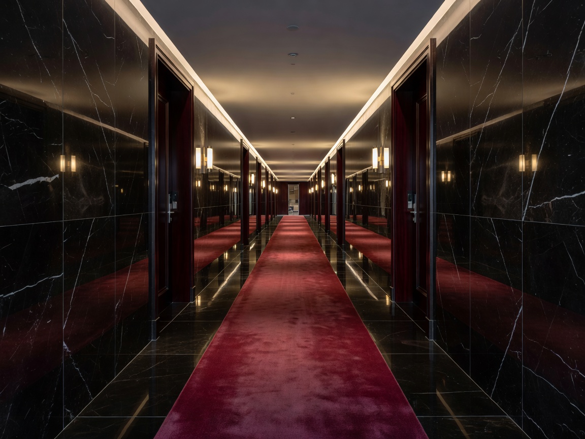 Polished surfaces in a luxury hotel corridor