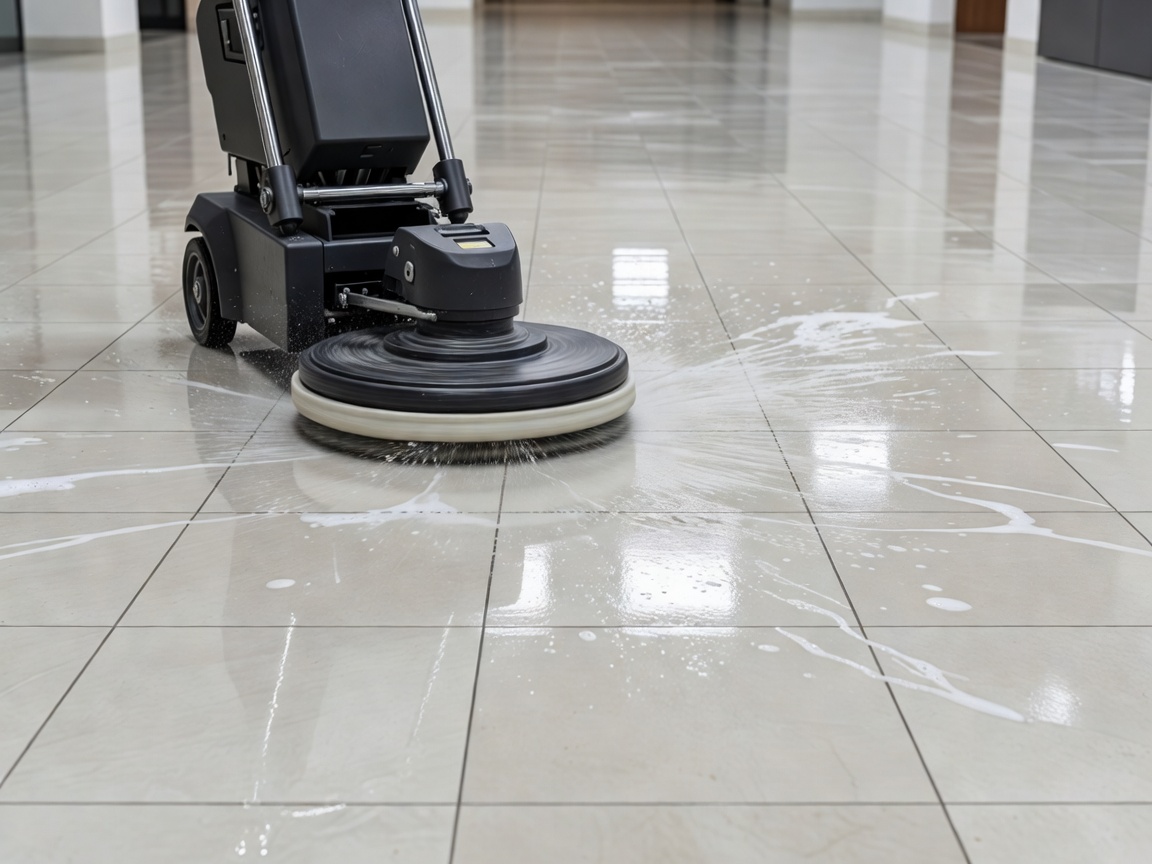 Professional commercial floor buffer cleaning a tile surface