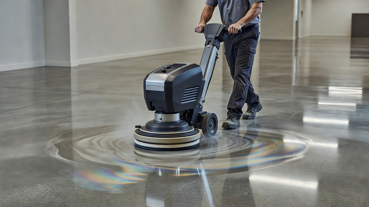 Professional operating a commercial floor buffer on a hard surface