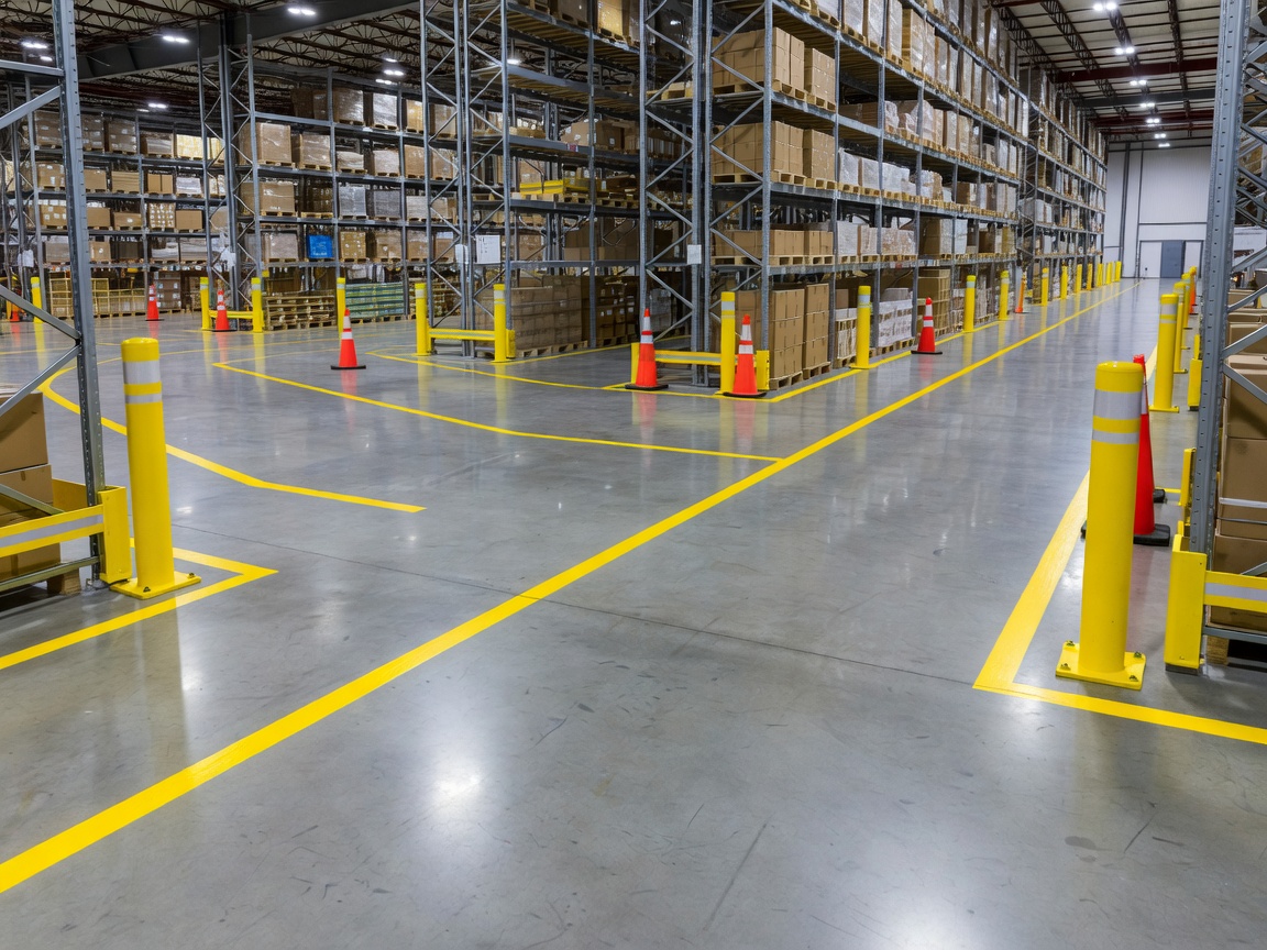 Safety markers and clear walking paths in a warehouse